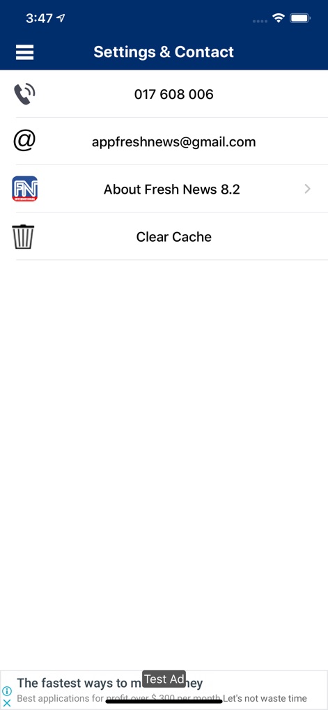 Fresh News International - 이 앱은 'appfreshnews@gmail.com'과 같은 연락처 정보를 통해 사용자 지원을 제공하며, 'Clear Cache' 기능을 통해 앱 성능을 관리할 수 있습니다.