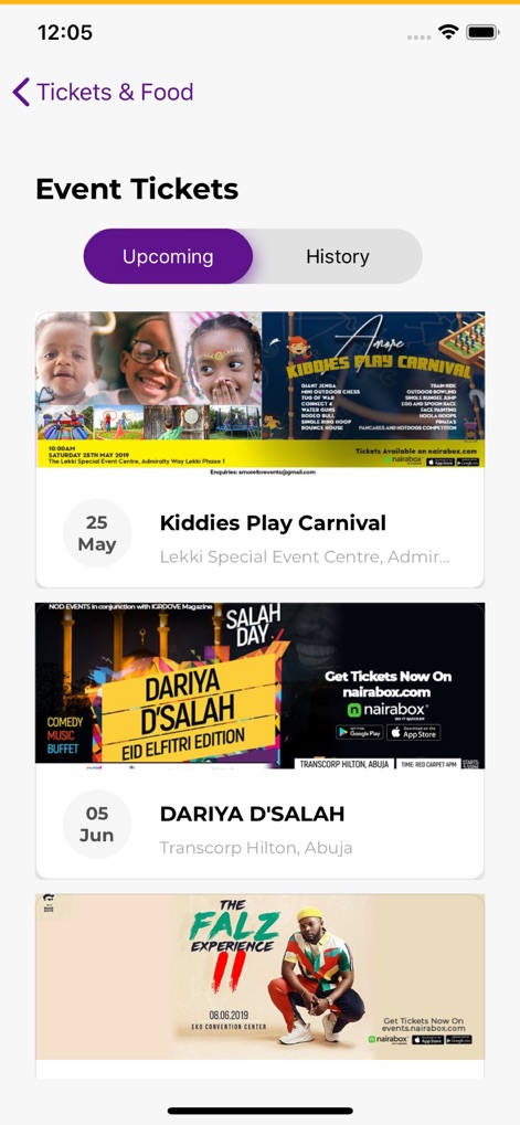 FCMB Mobile - Esta pantalla de "Event Tickets" (Boletos de Eventos) permite a los usuarios explorar eventos próximos, como "Kiddies Play Carnival" y "Dariya D'Salah", organizados claramente por fecha y con opciones para "Upcoming" (Próximos) o "History" (Historial).
