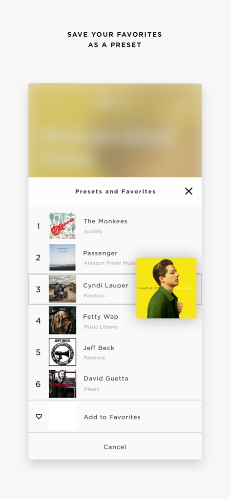 Bose SoundTouch - 사용자는 'The Monkees (Spotify)'와 같이 선호하는 아티스트와 트랙을 번호가 매겨진 프리셋 목록으로 저장하고, 하단의 '즐겨찾기에 추가' 버튼을 사용하여 새로운 항목을 쉽게 등록할 수 있습니다.