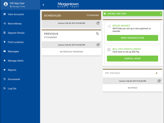 Morgantown Bank Mobile Banking iPad screenshot