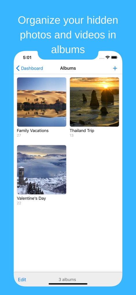 Hide Photos Video -Hide it Pro - Observe how the app allows users to create and manage multiple albums with custom titles and visual thumbnails.
