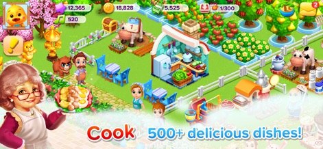 Family Farm Seaside - Delight in gastronomic creativity, as the app displays the bustling kitchen area and a character presenting a freshly prepared dish, highlighting the extensive cooking options.