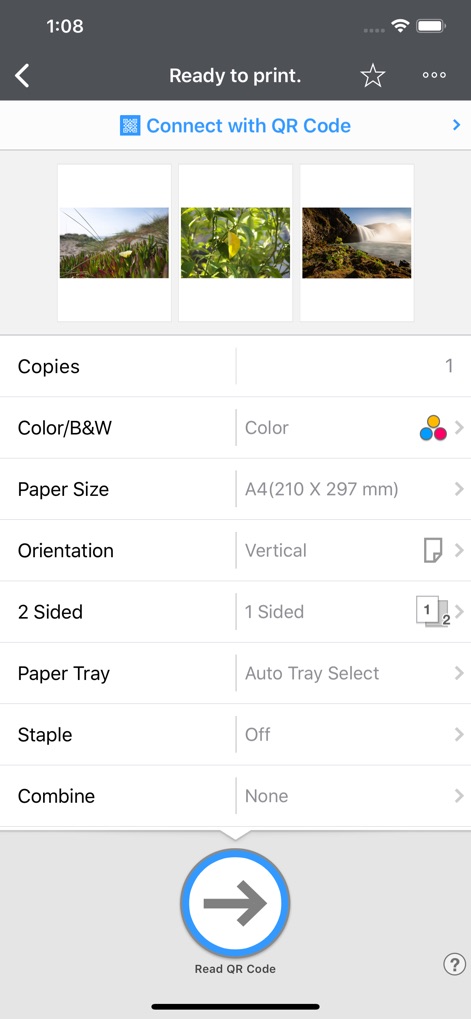 RICOH Smart Device Connector - Witness the app's robust print configuration, showcasing visual thumbnails of selected documents and offering advanced controls such as '2 Sided' printing and 'Staple' finishing options for professional output.