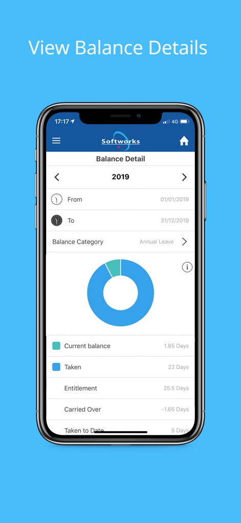 Softworks Self Service App - Gli utenti possono esaminare il saldo dettagliato delle ferie attraverso il grafico a ciambella intuitivo e le voci specifiche che mostrano il 'Current balance' e i giorni 'Taken'.