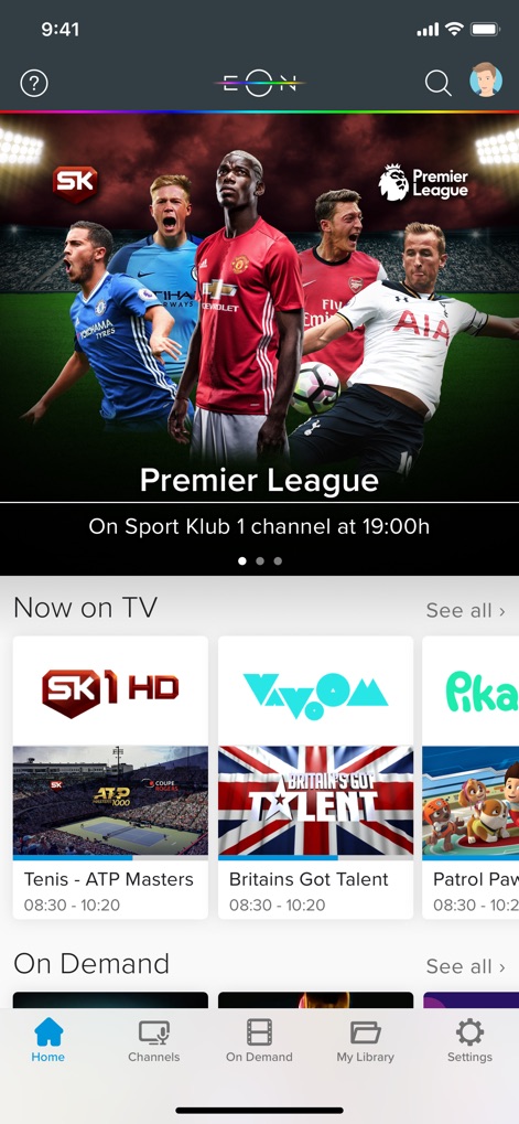 EON TV - Discover engaging content through the prominent featured banner, showcasing popular events like 'Premier League', and the real-time 'Now on TV' channel previews.