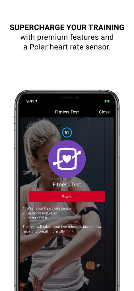 Polar Beat: Running & Fitness - A funcionalidade 'Fitness Test' permite aos usuários testar seu nível de condicionamento, com instruções claras para usar um sensor de frequência cardíaca e relaxar durante o processo.