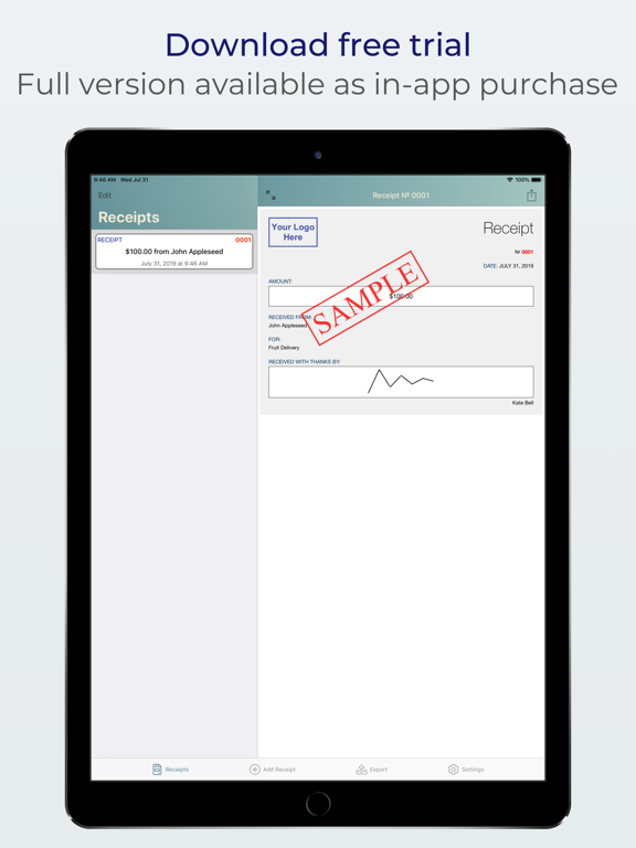 Receipts: create, print & mail iPad screenshot 9 - Business app