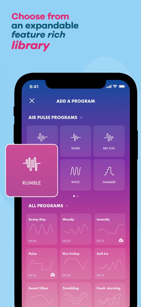 Satisfyer Connect - Explore the extensive program library, displaying various "AIR PULSE PROGRAMS" and an array of waveform icons for diverse experiences.