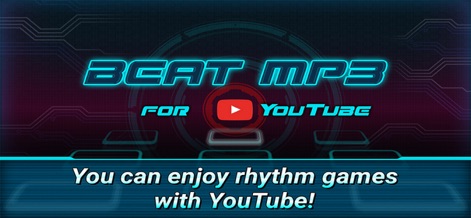 BEAT MP3 for YouTube - The app's dynamic title screen presents the iconic 'BEAT MP3 for YouTube' logo, clearly signaling the integration with YouTube content, and prominently features the core value proposition: enjoying rhythm games with YouTube.