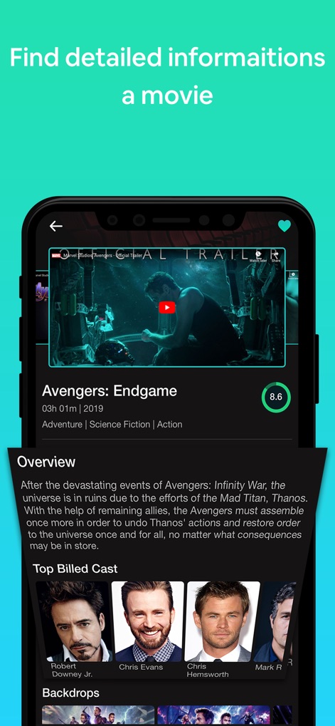 Show Box & TV Movie Hub Cinema - Los usuarios pueden acceder a la ficha completa de una película, viendo su tráiler oficial y una descripción detallada, además de la lista de "Top Billed Cast" con sus fotografías.