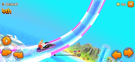 Uphill Rush Water Park Racing - Users can dive into high-speed action, navigating a jet ski down an elaborate waterslide while the in-game UI displays their current "4th" place and elapsed time.