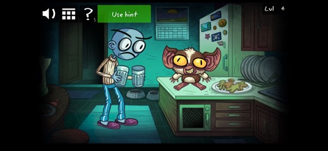 Troll Face Quest Horror - Users encounter a familiar blue-skinned character looking puzzled in a detailed kitchen setting, alongside a mischievous Gremlin-inspired creature eyeing a plate of cookies, showcasing a classic movie parody.