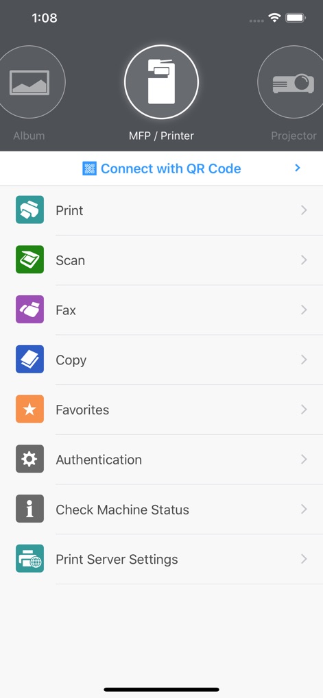 RICOH Smart Device Connector - Discover how the app provides a centralized control panel, allowing users to effortlessly navigate between intuitive circular icons for 'MFP / Printer' and 'Projector' functions, and access a comprehensive list of actions like 'Print' and 'Scan'.