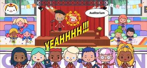 Miga Town: My School - 이 이미지는 학교 강당에서 열리는 성대한 졸업식 장면을 포착하며, 졸업 가운을 입은 학생들이 무대 앞에 서 있고 치어리더들이 졸업을 축하하는 활기찬 분위기를 연출합니다.