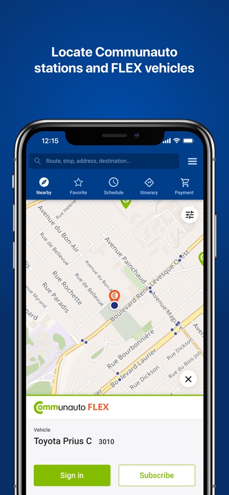 RTC’s real-time Nomade - Die App visualisiert auf der Karte verfügbare Communaute FLEX-Fahrzeuge und zeigt detaillierte Informationen zu den Fahrzeugen sowie Buchungsoptionen.