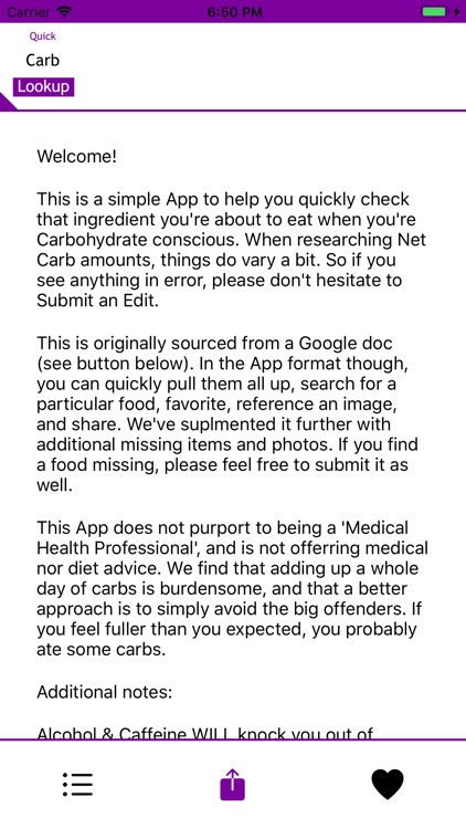 Quick Carbs Lookup
