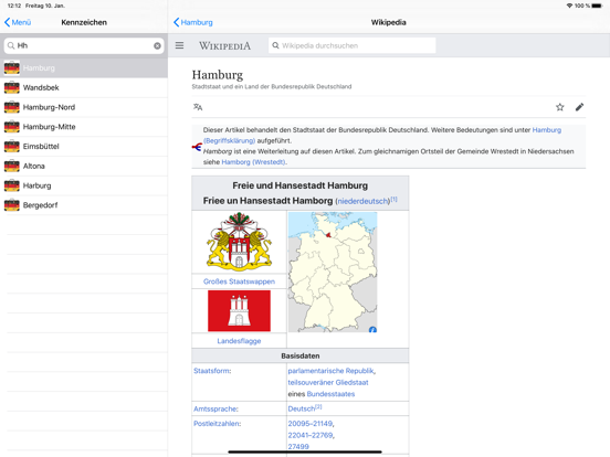 Ortsdaten iPad screenshot
