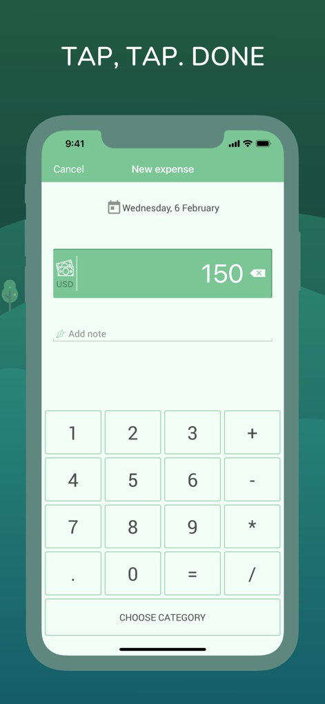 Monefy: Money Tracker - Capture new expenses quickly using the integrated calculator keypad and a clear amount input field.