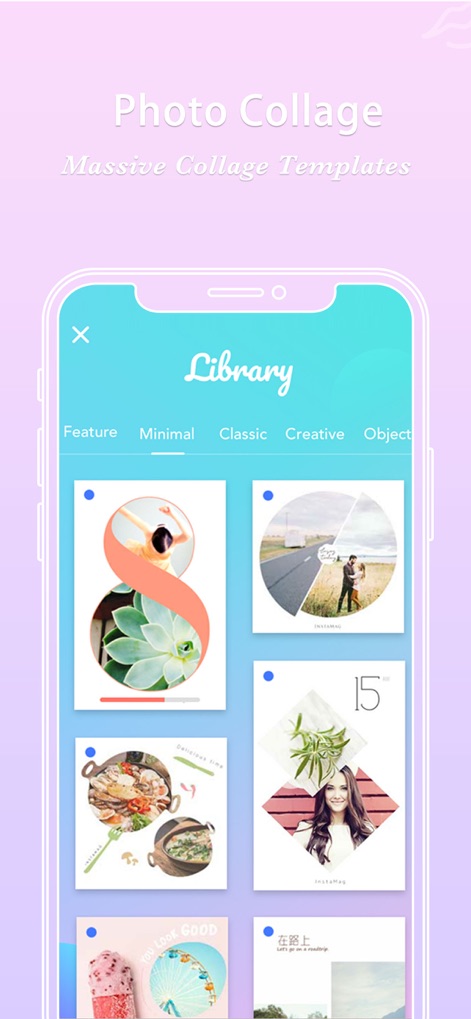 FotoRus -Camera & Photo Editor - A interface de colagem do aplicativo é destacada, exibindo uma vasta galeria de modelos de colagem para diversos layouts e categorias de estilo como 'Minimal' e 'Classic' para inspiração.