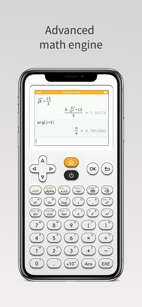 NumWorks Graphing Calculator - La aplicación exhibe su motor de cálculo avanzado, presentando resultados numéricos precisos para expresiones complejas y funciones trigonométricas.