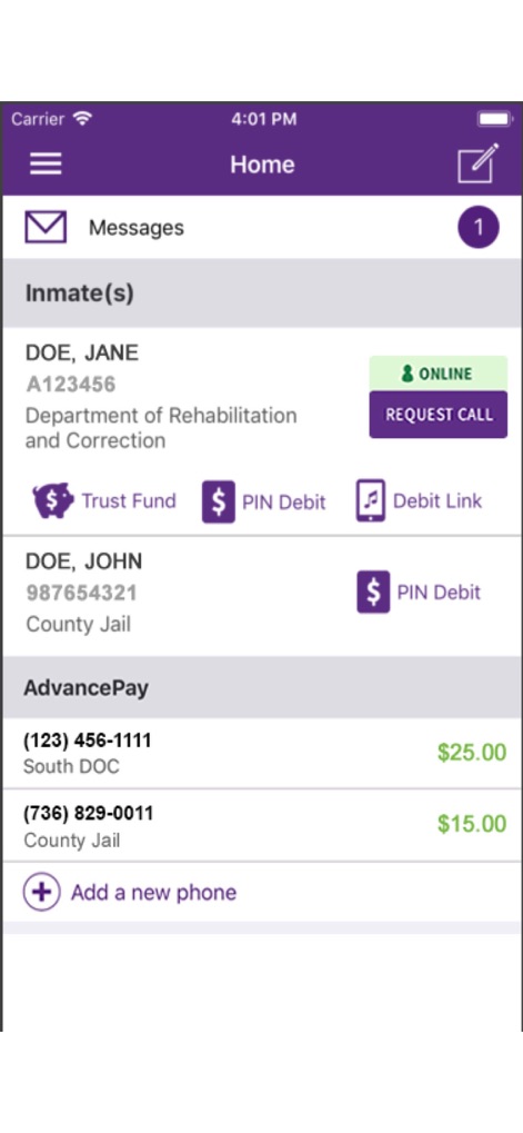 ConnectNetwork by GTL - Users can efficiently manage their inmate contacts and financial services, leveraging features like direct Trust Fund deposits and AdvancePay phone options displayed prominently on the home screen.