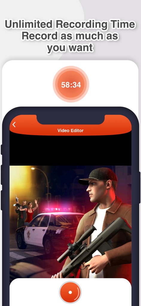Screen Recorder: The recording - Benefit from the app's 'Unlimited Recording Time' feature, allowing users to capture lengthy sessions without interruption, as indicated by the active timer.