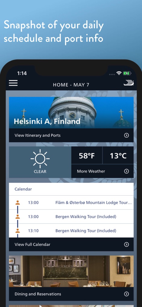Viking Voyager - La aplicación ofrece a los usuarios una visión clara de su día, destacando detalles como el puerto actual "Helsinki A, Finland" y las entradas personalizadas en el "Calendario" con actividades.
