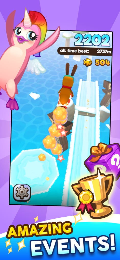 Super Penguins - Explore the thrill of "unique character" gameplay, such as the flying unicorn penguin, and the allure of rewards indicated by the "trophy icon" for completing challenges in the game.