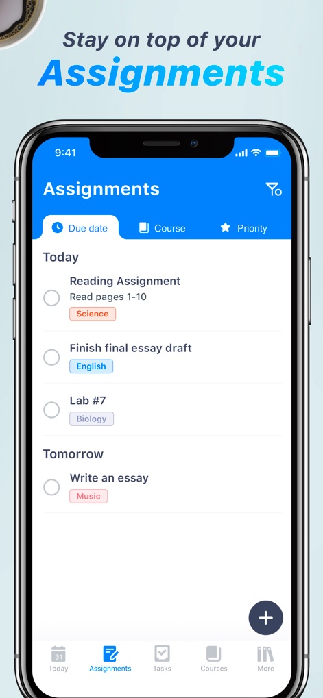 Pocket Schedule Planner - Users can effectively organize academic commitments by sorting assignments by "Due date" and applying specific "Course" tags for easy identification.