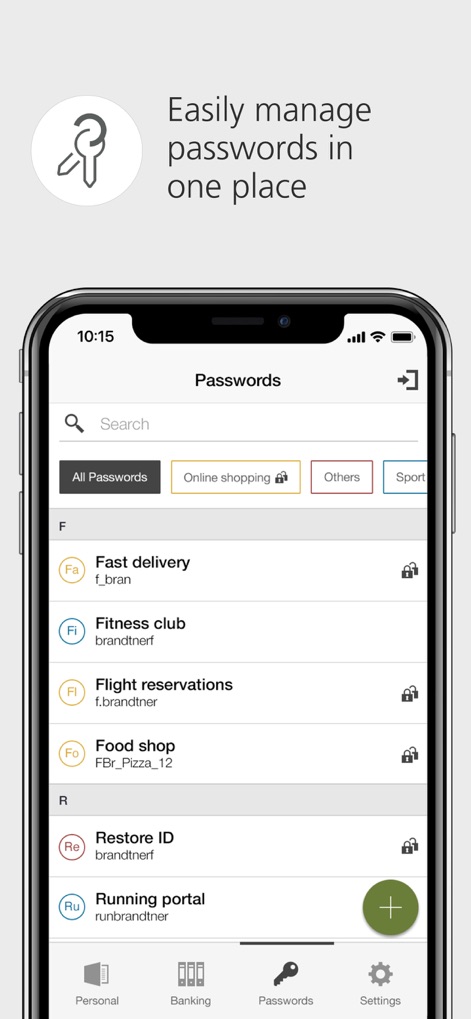 UBS Safe: Digital security - This tool provides a secure hub for managing digital credentials, allowing users to categorize passwords like "Online shopping" and "Sports" for easy retrieval.