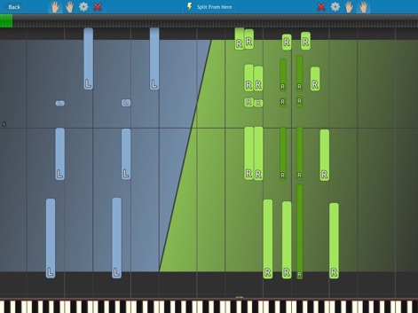 Synthesia - 이 앱은 사용자가 색상으로 구분된 음표 블록과 명확하게 분할된 연습 영역을 통해 양손을 효율적으로 연습할 수 있도록 돕습니다.