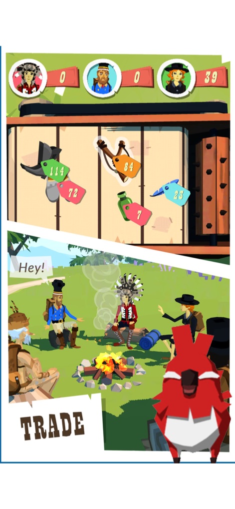 The Trail - Questo strumento presenta un'interfaccia di scambio chiara con articoli come cappelli e fionde, e illustra l'interazione sociale dei personaggi intorno a un falò.