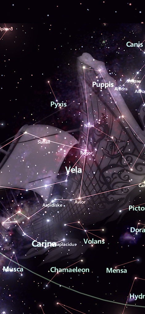 Star Tracker Lite-Live Sky Map - Explore the elegant depiction of the Vela constellation, revealing prominent stars like Suhail and Aspidiske.