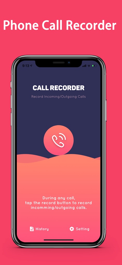Acr call recorder - for iPhone - Esta captura de pantalla principal revela una interfaz de usuario limpia y directa, destacando el gran botón central con el icono de teléfono que facilita la grabación de llamadas entrantes y salientes, junto con la instrucción clara 'Record Incoming/Outgoing Calls'.