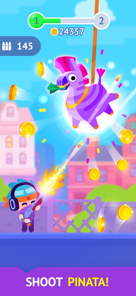 Pinatamasters - このアプリでは、紫色のシマウマ型ピニャータを狙い撃ちし、弾けるように飛び散るコインを集める爽快感を体験できます。