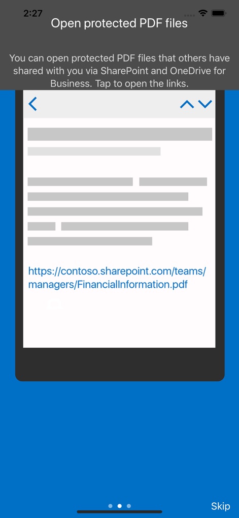 Azure Information Protection - 사용자는 SharePoint 및 OneDrive for Business를 통해 공유된 보호된 PDF 파일을 열 수 있으며, 화면에 나타난 SharePoint URL과 '보호된 PDF 파일 열기' 제목이 그 기능을 명확히 보여줍니다.
