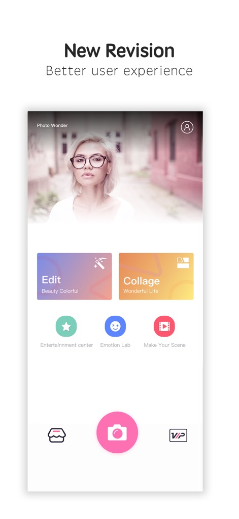 Photo Wonder - Get acquainted with the streamlined user interface, featuring quick access to essential functions like 'Edit' and 'Collage,' centered around a prominent camera button for easy photo capture.