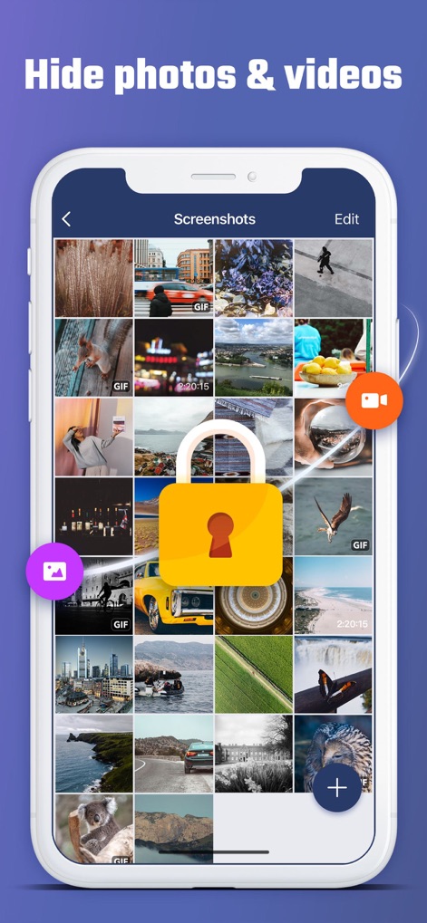 AppLock - photo lock - Esta pantalla revela la organización de contenido multimedia en una vista de cuadrícula, y el prominente icono de candado simboliza la efectiva función de ocultar fotos y videos.