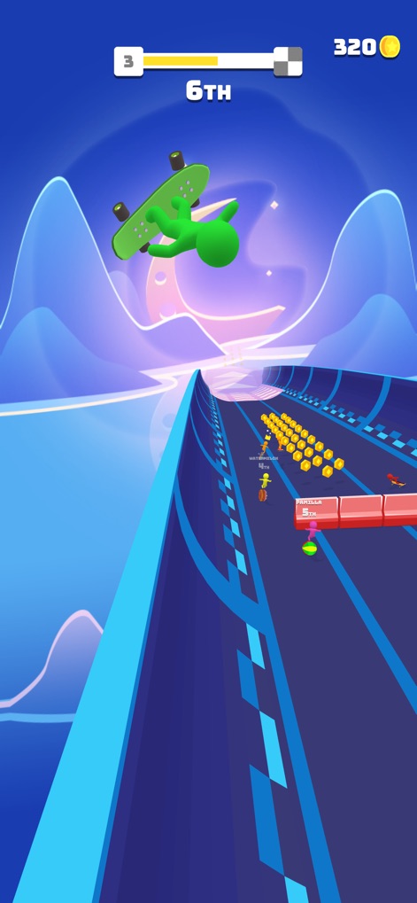 Turbo Stars - Epic Racing - Users can witness the exhilarating mid-air tricks and vibrant, stylized mountain backdrops that define the game's aesthetic.