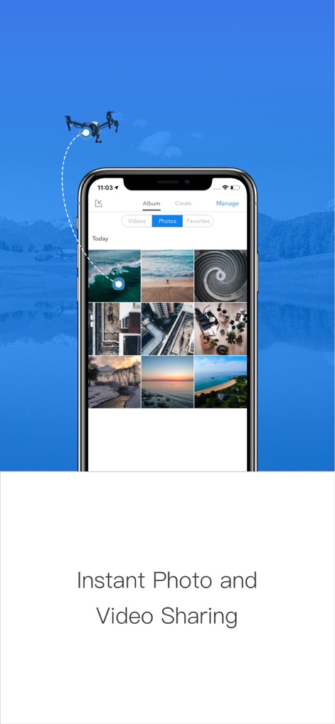 DJI GO - Usuários podem acessar uma galeria organizada de fotos e vídeos, com opções para gerenciar e compartilhar facilmente seu conteúdo. A interface mostra claramente as abas para fotos e vídeos.