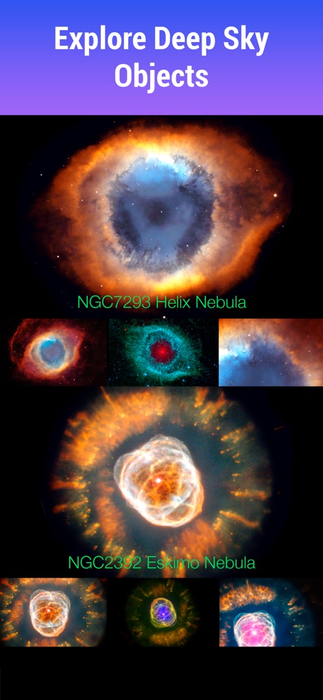 Star Walk：Find Stars & Planets - ヘリックス星雲やエスキモー星雲といった深宇宙天体の詳細な画像と、その特徴的な形状を観察できます。
