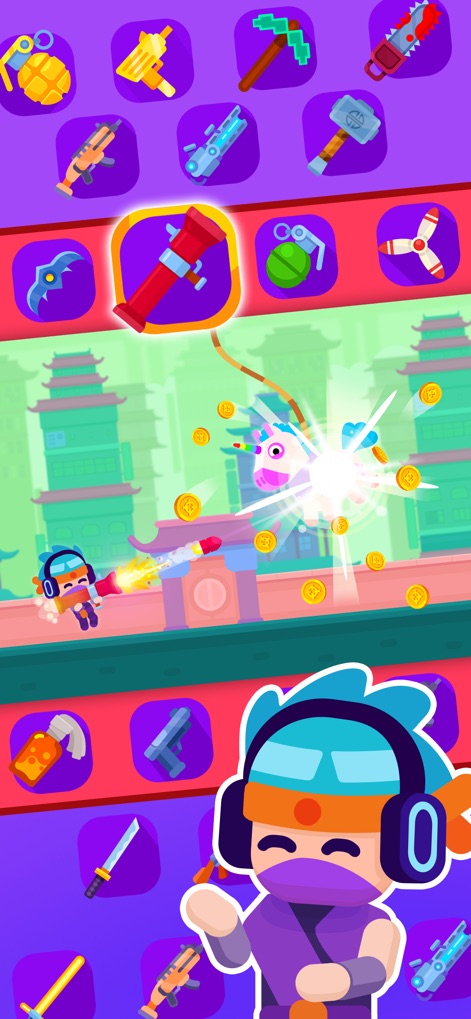 Pinatamasters - 多様な武器の選択画面から最適な武器を選び、ユニコーン型ピニャータをロケットで攻撃する戦略的なゲームプレイが楽しめます。