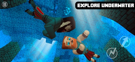 Castle Crafter Survival Craft - Discover the expansive underwater environments as pixel heroes navigate submerged structures and explore hidden depths in this unique crafting world.