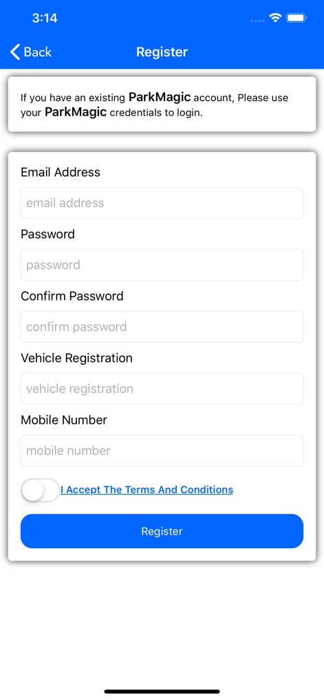 Cork Park by Phone - Die Registrierungsansicht ermöglicht es Nutzern, ein neues Konto mit umfassenden Eingabefeldern für "Email Address" und "Vehicle Registration" zu erstellen und die "Terms And Conditions" zu akzeptieren.