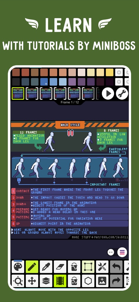 Pixel Studio for pixel art - Anfänger und Fortgeschrittene profitieren von integrierten Tutorials, die beispielsweise komplexe Bewegungszyklen wie den Walk Cycle verständlich aufschlüsseln.