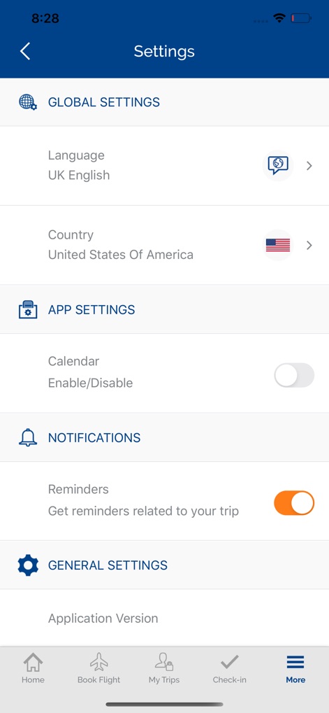 Smartwings - Die Einstellungen ermöglichen eine Personalisierung der App, etwa durch das Anpassen der 'Language' und das Management von 'Notifications' mittels einfacher Schieberegler.