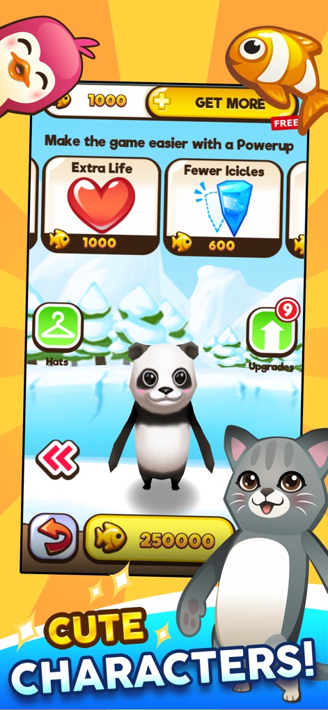 Super Penguins - Discover the app's variety of "cute characters" available for play and the strategic advantage offered by its diverse "Powerup" options like Extra Life to enhance the game experience.