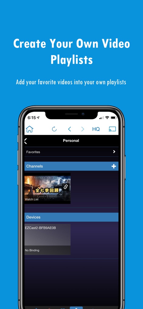 EZCast - Los usuarios pueden organizar su contenido multimedia creando listas de reproducción personalizadas en EZChannel, integrando videos de diversas plataformas como se aprecia en el listado de canales y las miniaturas de video.