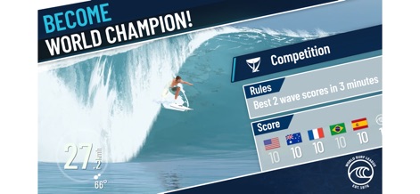 True Surf - This screenshot highlights the competitive scoring system, displaying player scores and specific 'Rules' for championship events.