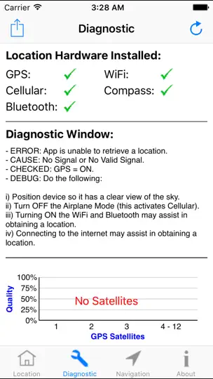 Captura de pantalla de GPS Diagnostic:Prueba Satélite en iPhone 3